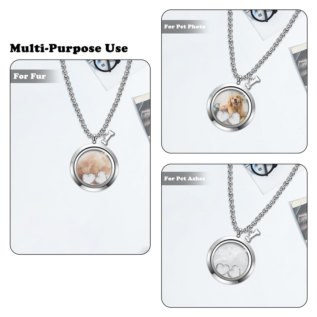 Pet Fur Memorial Necklace Pet Dog Ashes Keepsake Pet Urn Pendant Memorial Jewelry Necklace Transparent Glass Circle Stainless Steel Chain Cat Hair Memorial Gifts, Heart Necklace for Dried Flowers HINGTAI