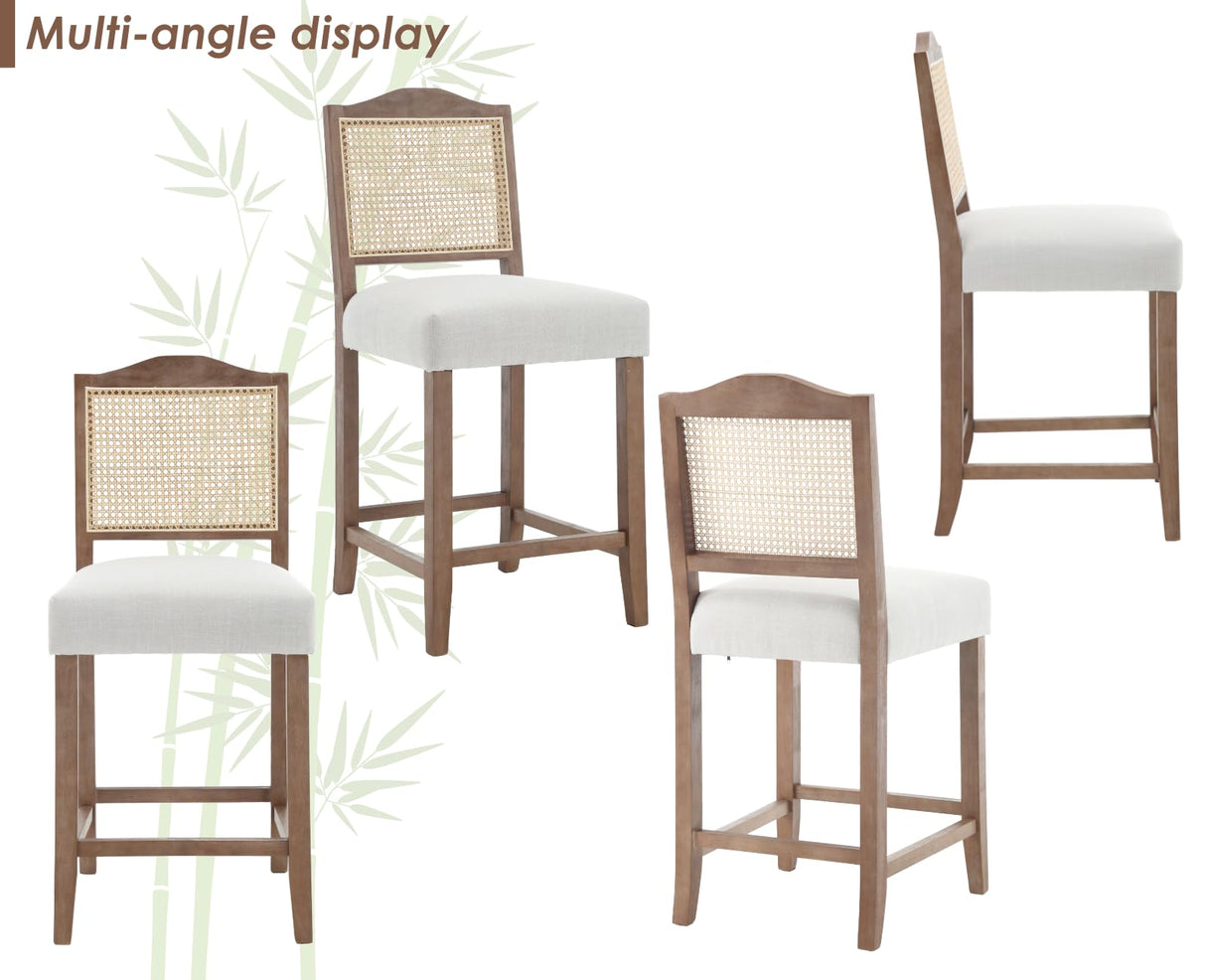 CIMOTA Counter Height Bar Stools Set of 4 Rattan Farmhouse Barstools Mid Century Modern Bar Chairs Upholstered Kitchen Stools with Wood Legs for Island/Dining Room, Linen Beige 26.5In CIMOTA