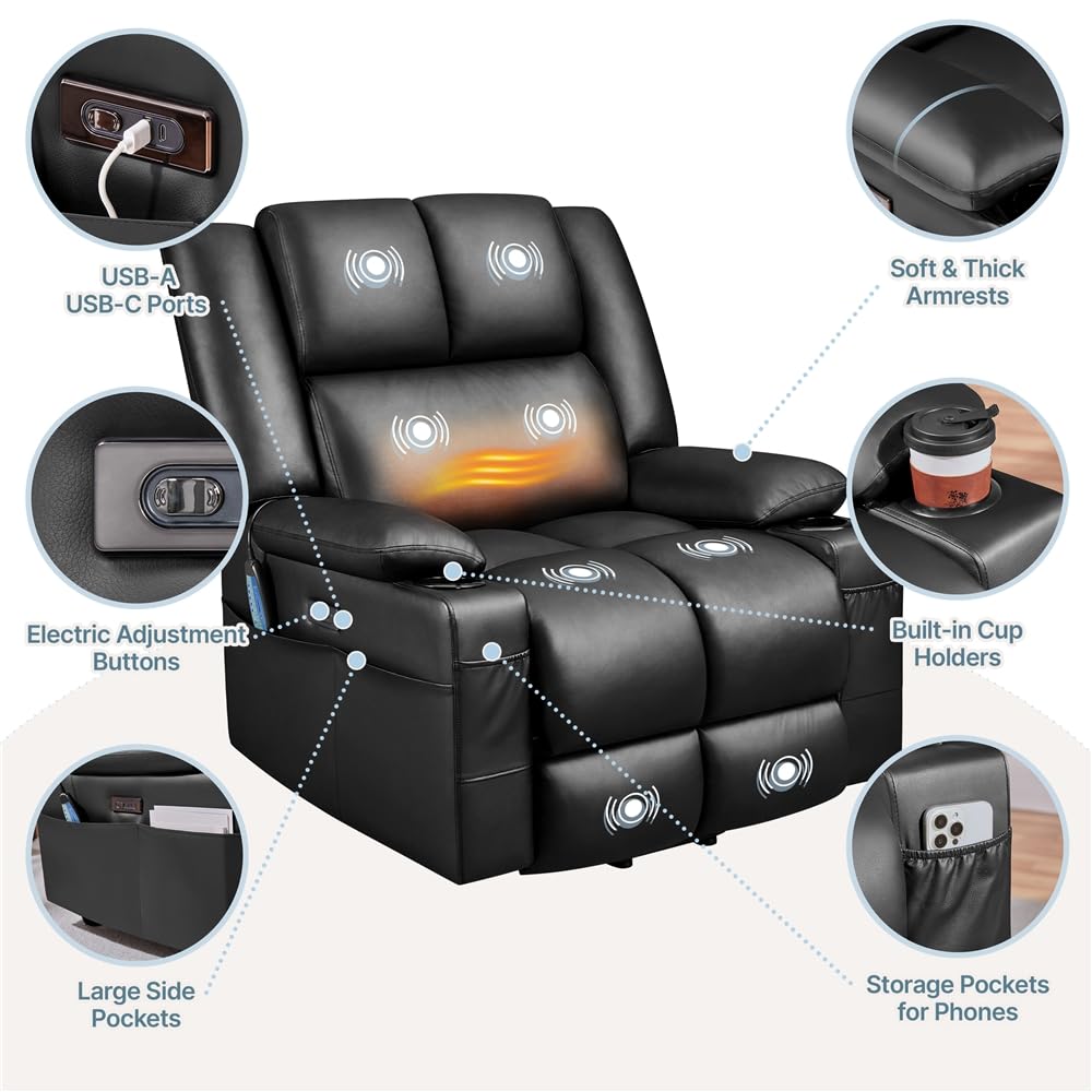 Yaheetech Large Electric Power Lift Recliner Chair, PU Leather Massage Chair with Heat and USB Port for Elderly, Ergonomic Lounge Chair with 2 Cup Holders Side Pockets, Overstuffed Wide Single Sofa Yaheetech