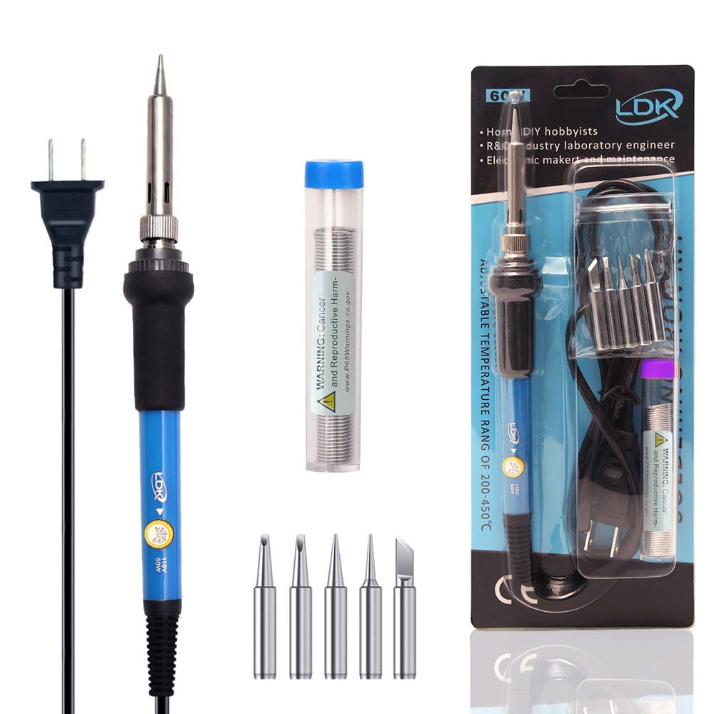 LDK Soldering Iron Kit Electric 60W 110V Adjustable Temperature Soldering Gun Welding Tools, 5pcs Replacement Tips and Solder Wire (Basic) LDK