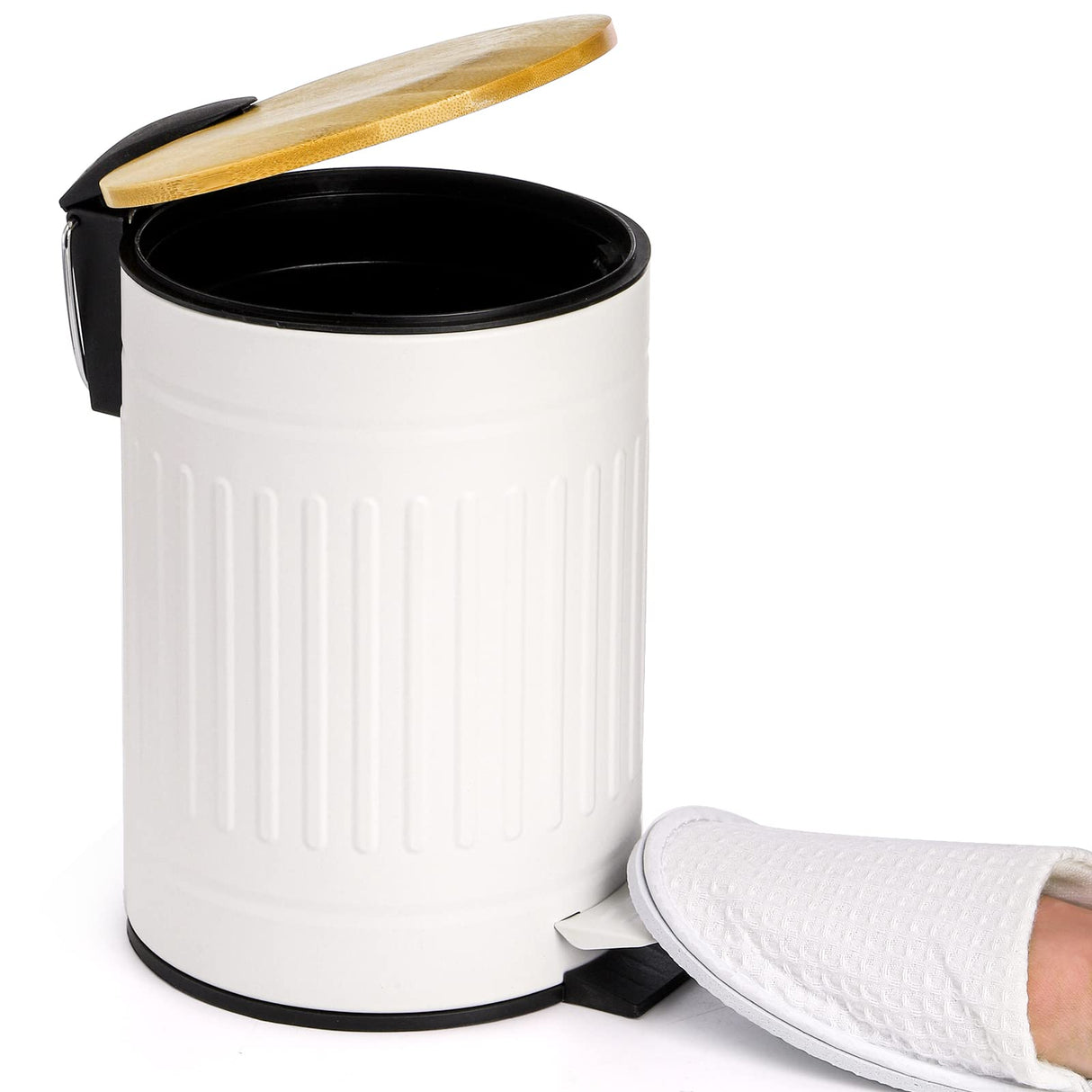 AVLA 2 Liter Step Trash Can, Metal Rubbish Wastebasket with Wooden Lid, Round Foot Pedal Garbage Container Bin with Liner Bucket, Small Bathroom Office Waste Bin Trashcans for Bedroom, Kitchen AVLA