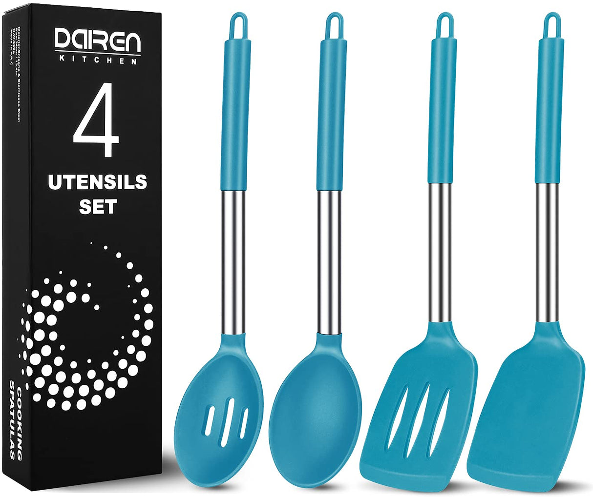 Pack of 4 Large Silicone Cooking Spatulas and Spoons, Slotted and Solid Stainless Steel Cooking Utensils Set, Non-stick Heat Resistant Kitchen for Baking, Fried, Stir-Fry, Mixing, Serving (Blue) DaiRen Kitchen