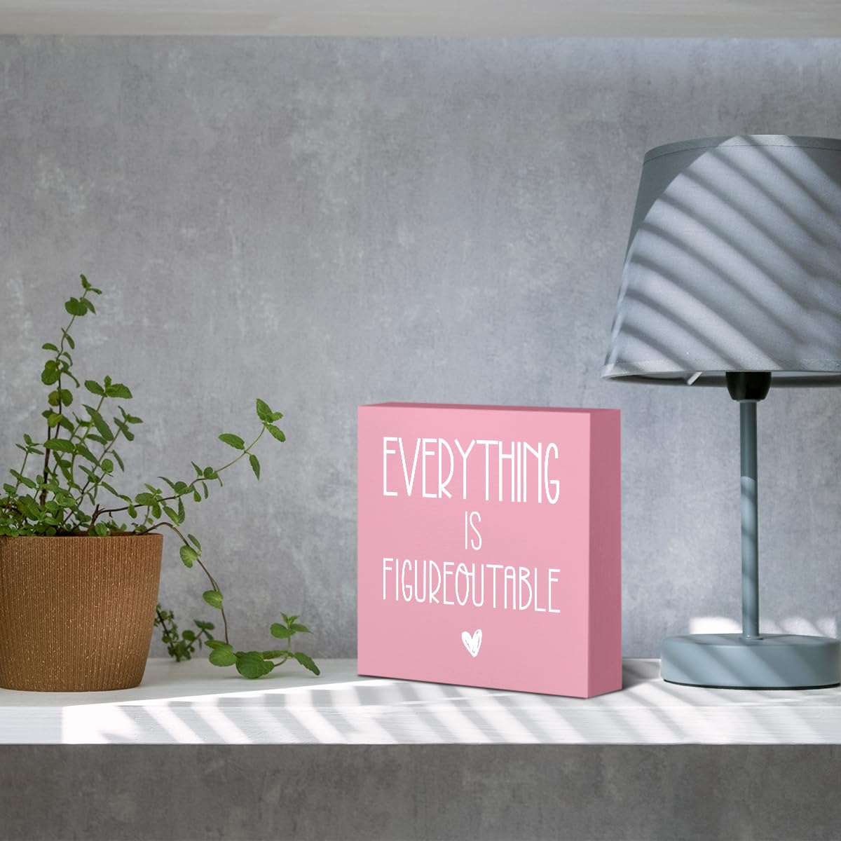 mmiishe Everything Is Figureoutable Wooden Box Sign Decorative Inspirational Farmhouse Wood Box Sign Home Office Decor Motivational Gift Rustic Square Desk Decor Sign for Shelf Pink mmiishe