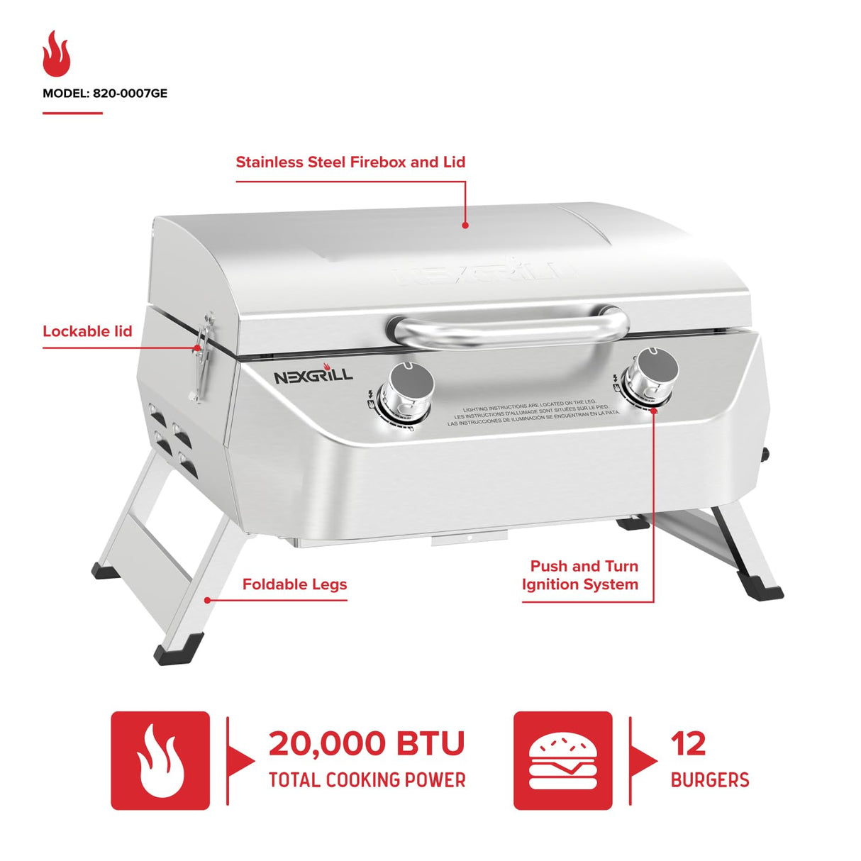 Nexgrill Stainless Steel 2-Burner Portable Gas Grill with Locking Lid, Folding Legs, 20,000 BTUs, 251 SQ In Cooking Space, Tabletop Grill for Camping, Outdoor Cooking, Patios, and More - 820-0007GE Nexgrill