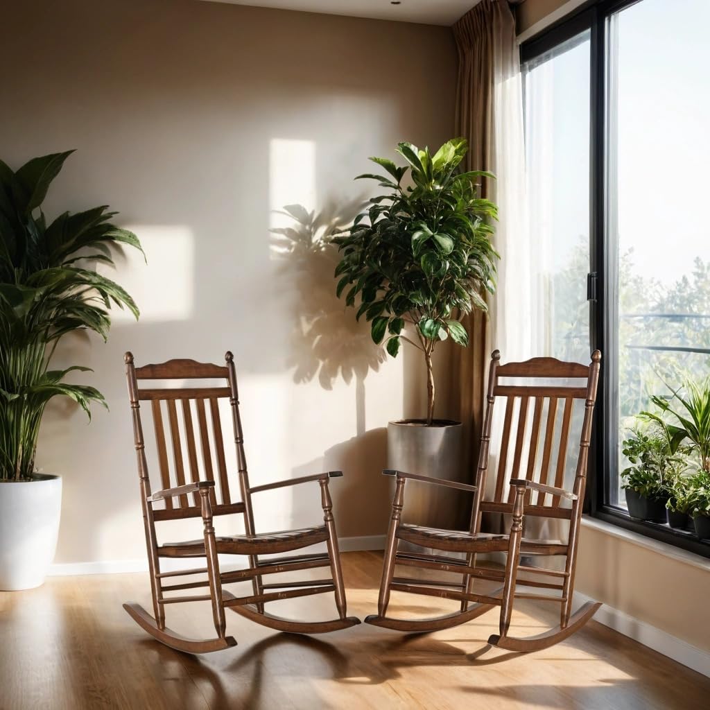 BplusZ Outdoor Patio Rocking Chairs Set of 2 Porch Wooden Comfy Rockers for Adult Furniture Indoor Outside Camping Balcony Garden Backyard Lawn and Bistro, Brown BplusZ