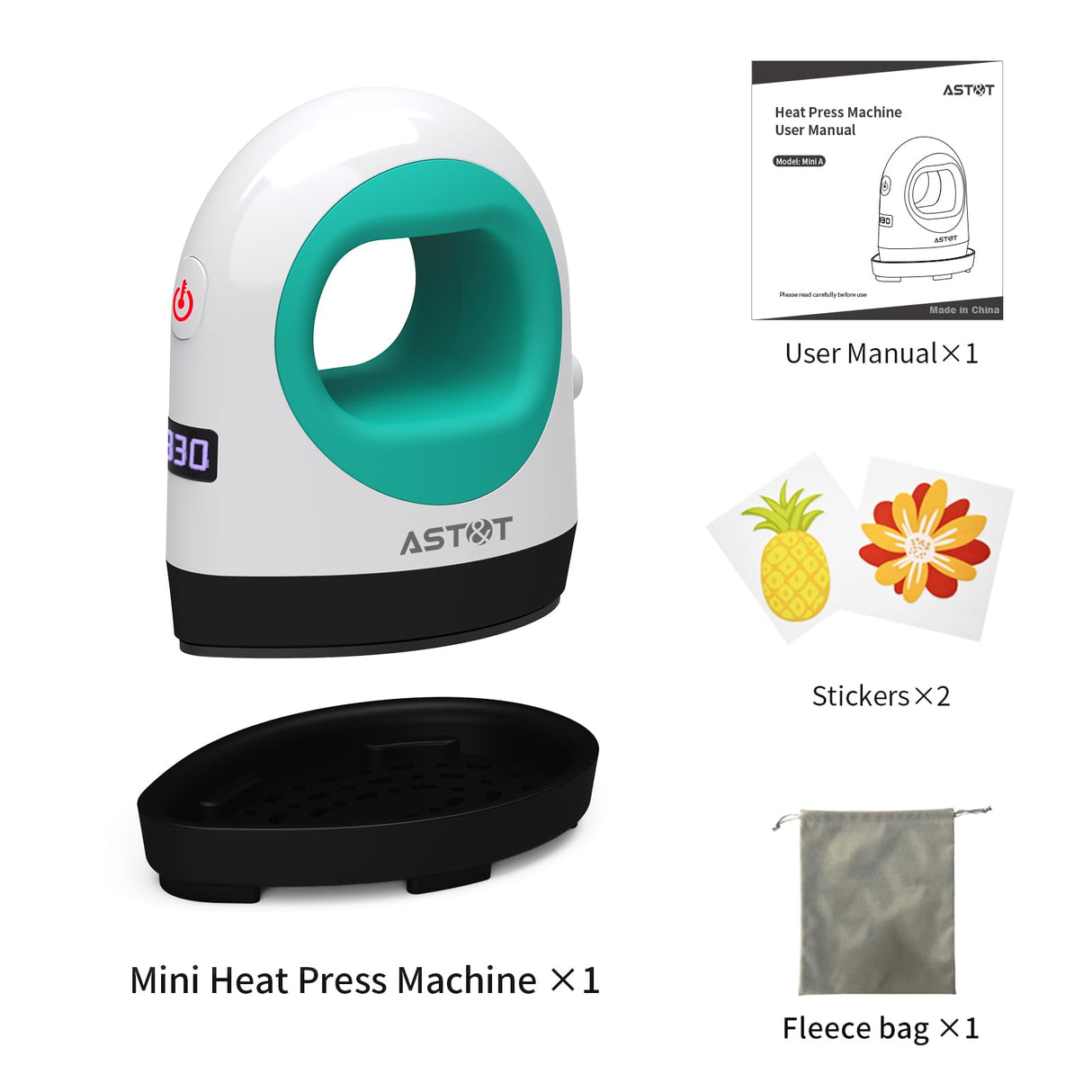 Heat Press Mini Heat Press Machine, Small Heat Press for T Shirts, Hats, Heating Transfer Projects,14 Levels Temperature Setting (White&Green) AST&T