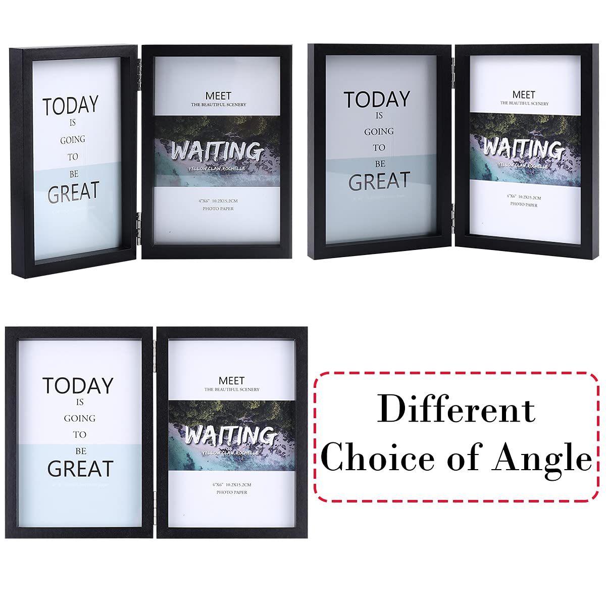 4x6 Double Picture Frame Wooden Hinged Photo Frame Definition Glass Stand Vertically on Desktop or Tabletop Black FOREV