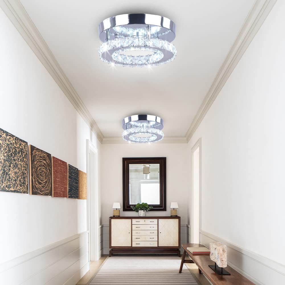 diisunbihuo Modern Mini Led Chandelier Semi Flush Mount Crystal Lighting Ceiling Crystal Lamp for Bedrooms Dinning Rooms Hallway(Round White) diisunbihuo