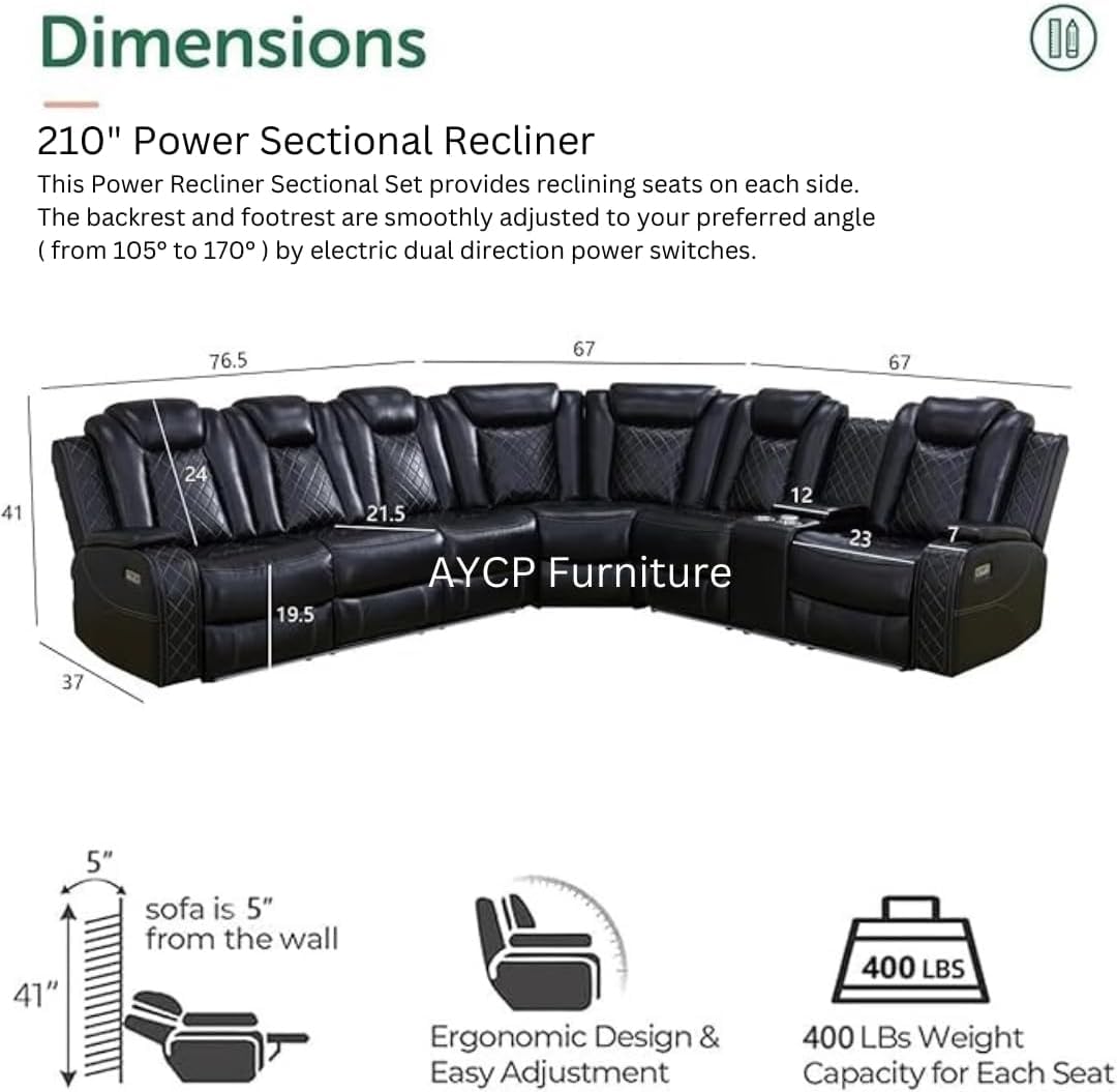 Power Recliner Sofa Sectional Sofa with LED Light for Living Room, Air Leather Reclining Corner Sectional Sofa Set, Cup Holder, Storage Console for Home Theater Seating (Black, Sectional) AYCP Furniture