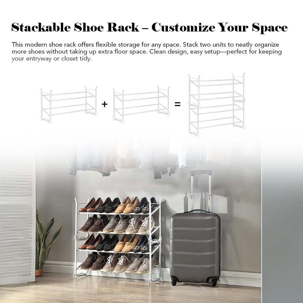 SunnyPoint Expandable & Stackable 2-Tier Shoe Rack – Adjustable Shoe Organizer for Entryway, Closet or Bedroom, Holds 4 to 8 Pairs, Space-Saving Metal Shoe Storage Shelf (17.5"–31.49" W) (WHT, 2 Tier) SunnyPoint