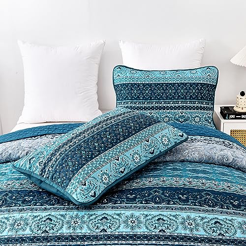 WONGS BEDDING Boho Queen Quilt Set, Blue Bohemian Queen Quilt Bedding Set, Lightweight Microfiber Bed Decor Bedspread for All Season 96"x90"(3 Pieces) WONGS BEDDING