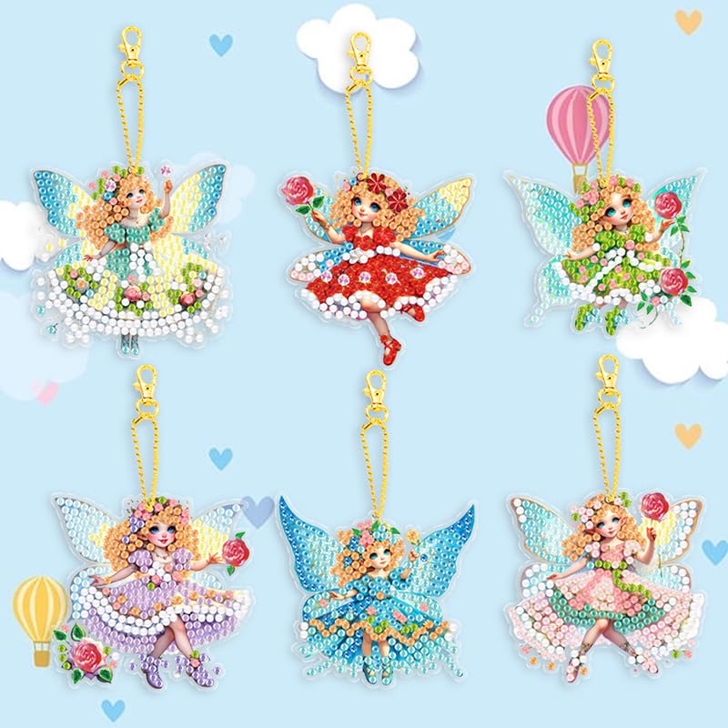 YUE ZHE 6 PCS Diamond Painting Keychains Double Sided Flower Fairy Diamond Art Kits for Adults DIY 5D Painting Keychains Ornaments for Adults Beginners DIY Crafts Decor YUE ZHE