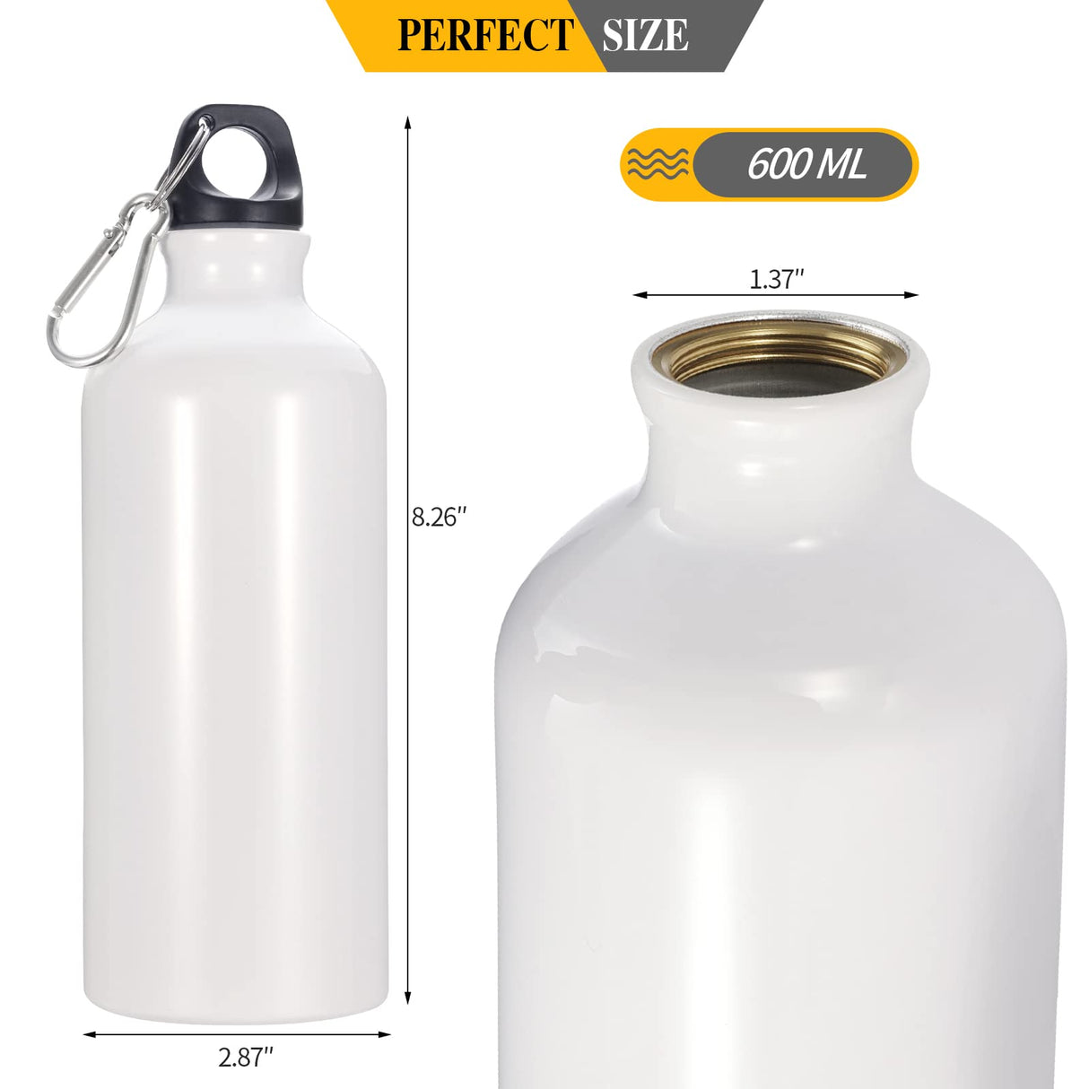 YOUKE OLA 16 Pack Sublimation Aluminium Water Bottle with Carabiner Blank White Aluminum Sports Bottle for Sublimation Heat Press Transfer 20oz YOUKE OLA