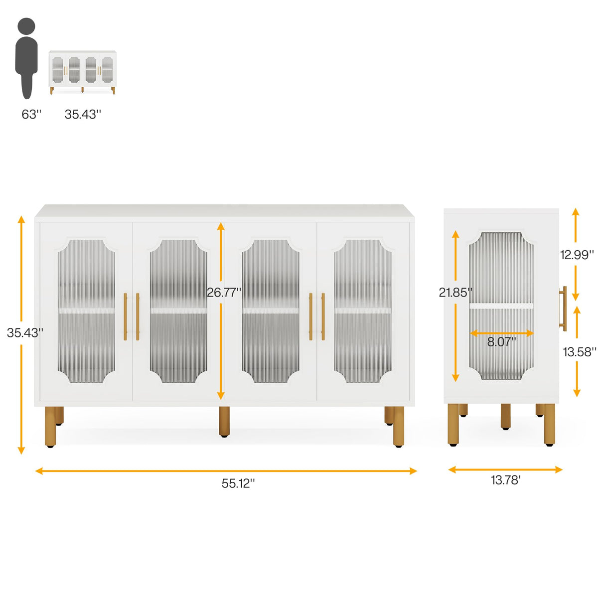 Tribesigns 55" Accent Cabinet with 4 Doors and Shelves, Modern Credenza Storage Cabinet with Acrylic Glass Doors, White Display Cabinet for Living Room, Bedroom, Kitchen, Dining Room, Hallway Tribesigns