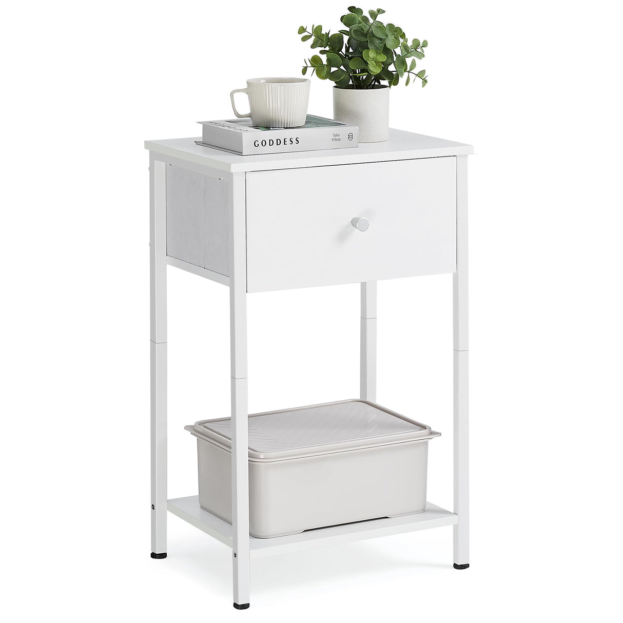 VASAGLE Nightstand, Side Table with Fabric Drawer, 24-Inch Tall End Table with Storage Shelf, Bedroom, White ULGS021W14 VASAGLE