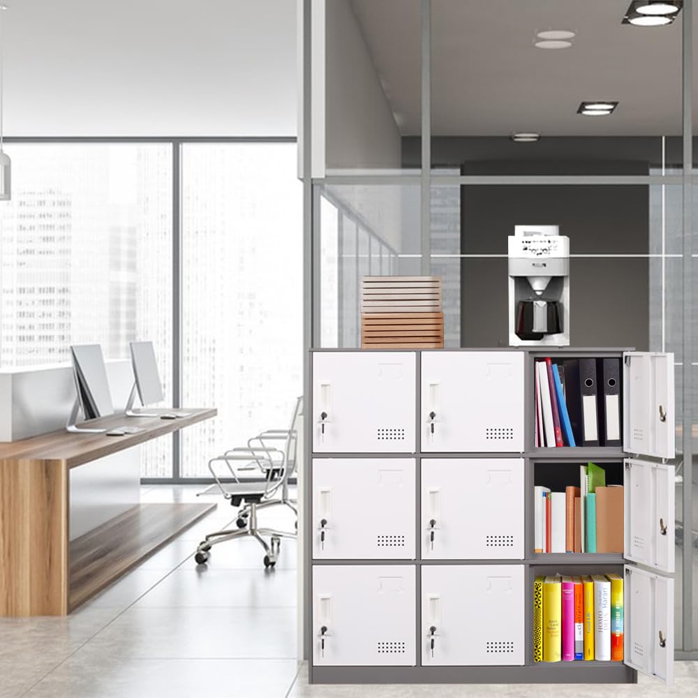 iCHENGGD Metal Locker 9 Door Storage Cabinet, Steel Storage Lockers for Employees, with Lock and Ventilation, Office School Gym Use (Grey) iCHENGGD