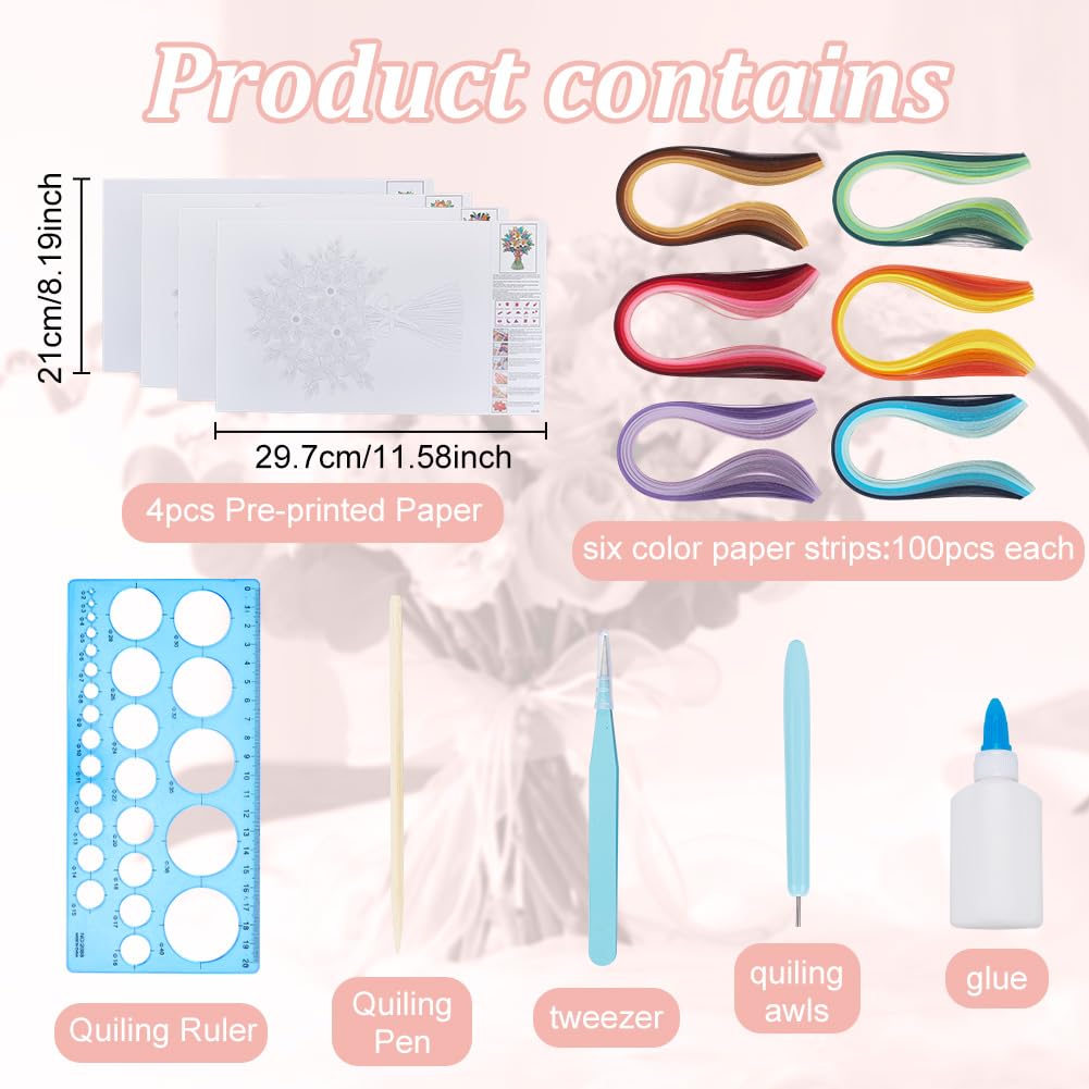 WEBEEDY 4 Styles DIY Flower Paper Quilling Kit for Adults Beginner Quilling Paper Painting Kit with Paper Quilling Strips Tools and Instruction Handmade Room Wall Decor(A4,21x29.7 cm/8.3x11.7 inch) WEBEEDY