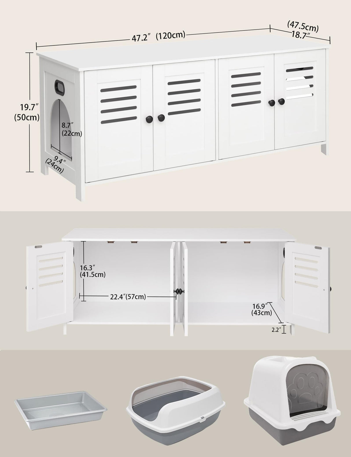 DINZI LVJ Litter Box Enclosure for 2 Cats, Hidden Litter Box Furniture with Double Rooms, Dual Cat Litter House, Front Doors, 47.2" Wooden Hidden Cat Washroom, Side End Table, TV Stand, White DINZI LVJ