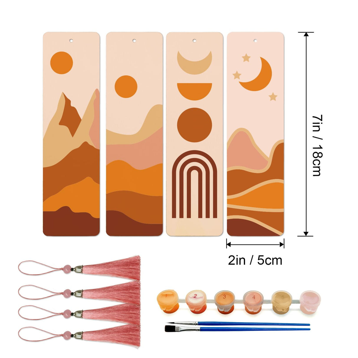 JOOZ 4 Pack Easy Paint by Numbers Kit for Adults, Wood Bookmarks Paint by Numbers for Book Lovers, DIY Mountain Sunset Moon Oil Painting by Number Bookmarks with Tassel for Gift 7x2 Inch JOOZ