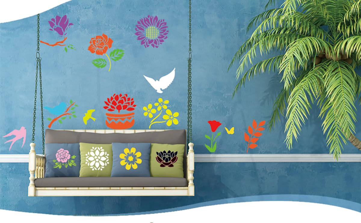 60 Reusable Flower Stencils for Painting on Wood and Canvas - Sunflower, Leaf, Rose, Bee, Bird Designs - 3x3 Inch Craft Stencils for Home Decor AIRIQI