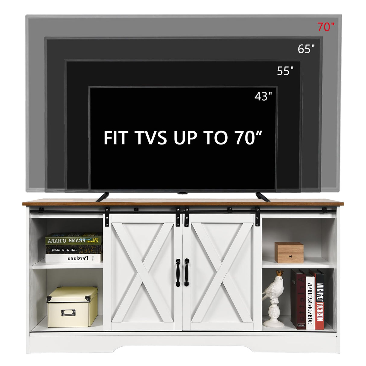4 EVER WINNER White TV Stand for 65 inch TV for Living Room, Modern Farmhouse Barn Door TV Stand with Storage Cabinets and Adjustable Shelves for Bedroom, Media Entertainment Center TV Console Table 4 EVER WINNER