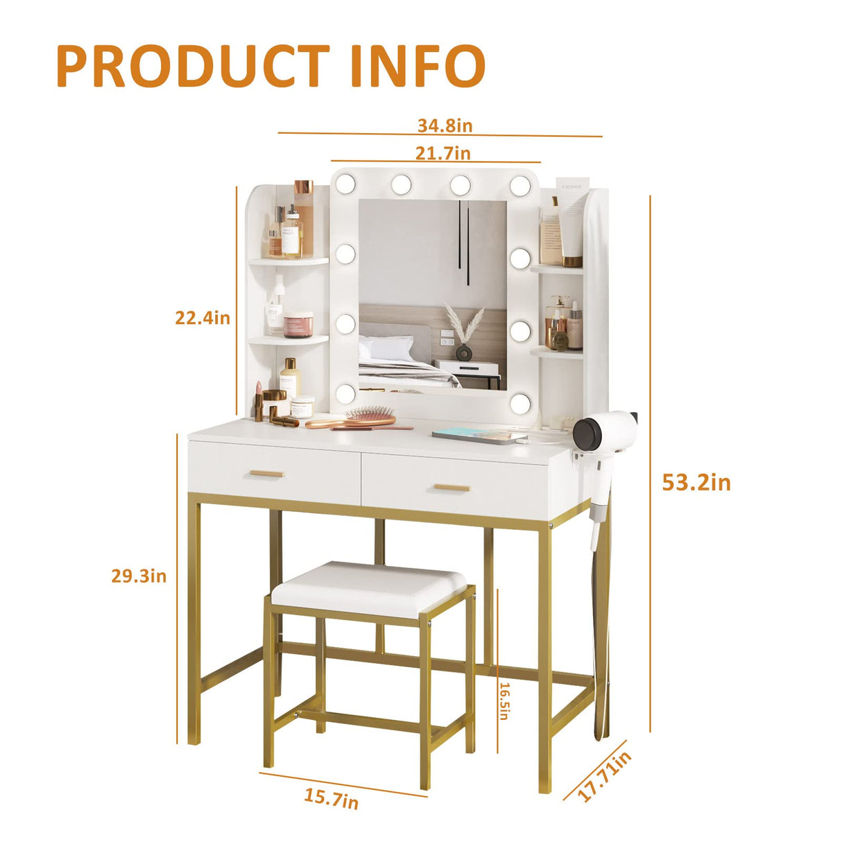 Vanity Desk with Mirror and 10 Led Lights, with Charging Station,Makeup Vanity Table Set with Lighted Mirror, with 3 Lighting Modes and 2 Drawers&Cushioned Stool for Bedroom Vabches