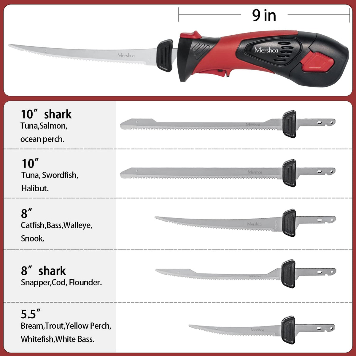 Mershca Cordless Electric Fillet Knife, with 5 Ti-Nitride S.S. Coated Non-Stick Reciprocating Blades & Cooling Hole Non-Slip Grip Handle & Practical handbag, Rechargeable Electric Knife for Fishing Mershca