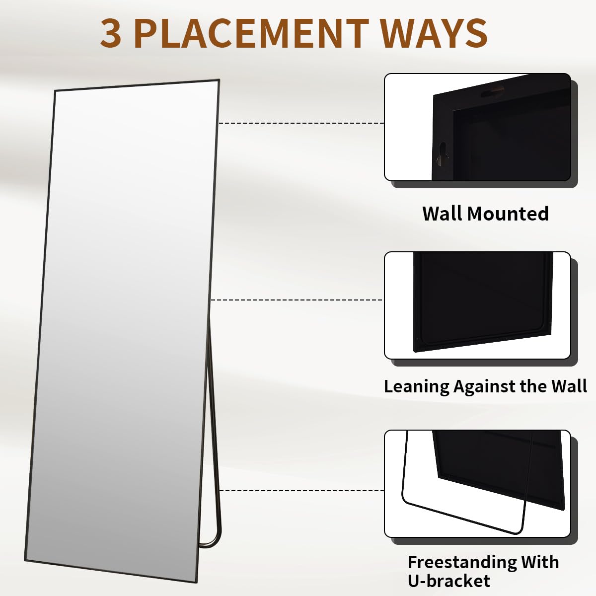 VooBang Mirror Full Length, 21" x 57" Floor Mirror with Stand, Aluminum Alloy Frame Full Body, Standing Hanging or Leaning Against Wall for Bedroom and Living Room, Black VooBang