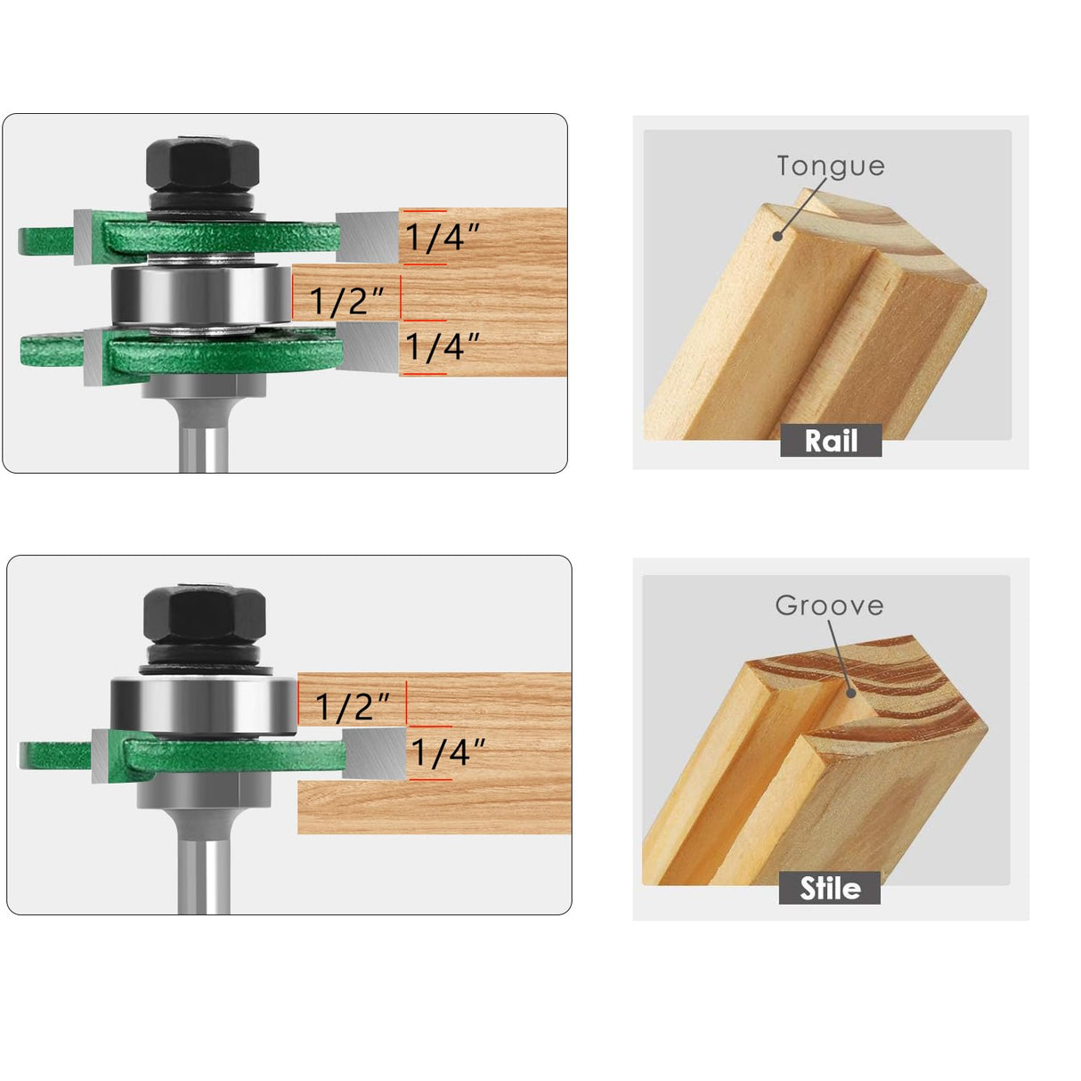 TOTOWOOD Pro Tongue and Groove Router Bit Set of 2 Pieces 1/4 Inch Shank Router Bit Set 3 Teeth Adjustable T Shape Wood Milling Cutter (Tongue and Groove Router Bit 1/4 Shank) Totowood