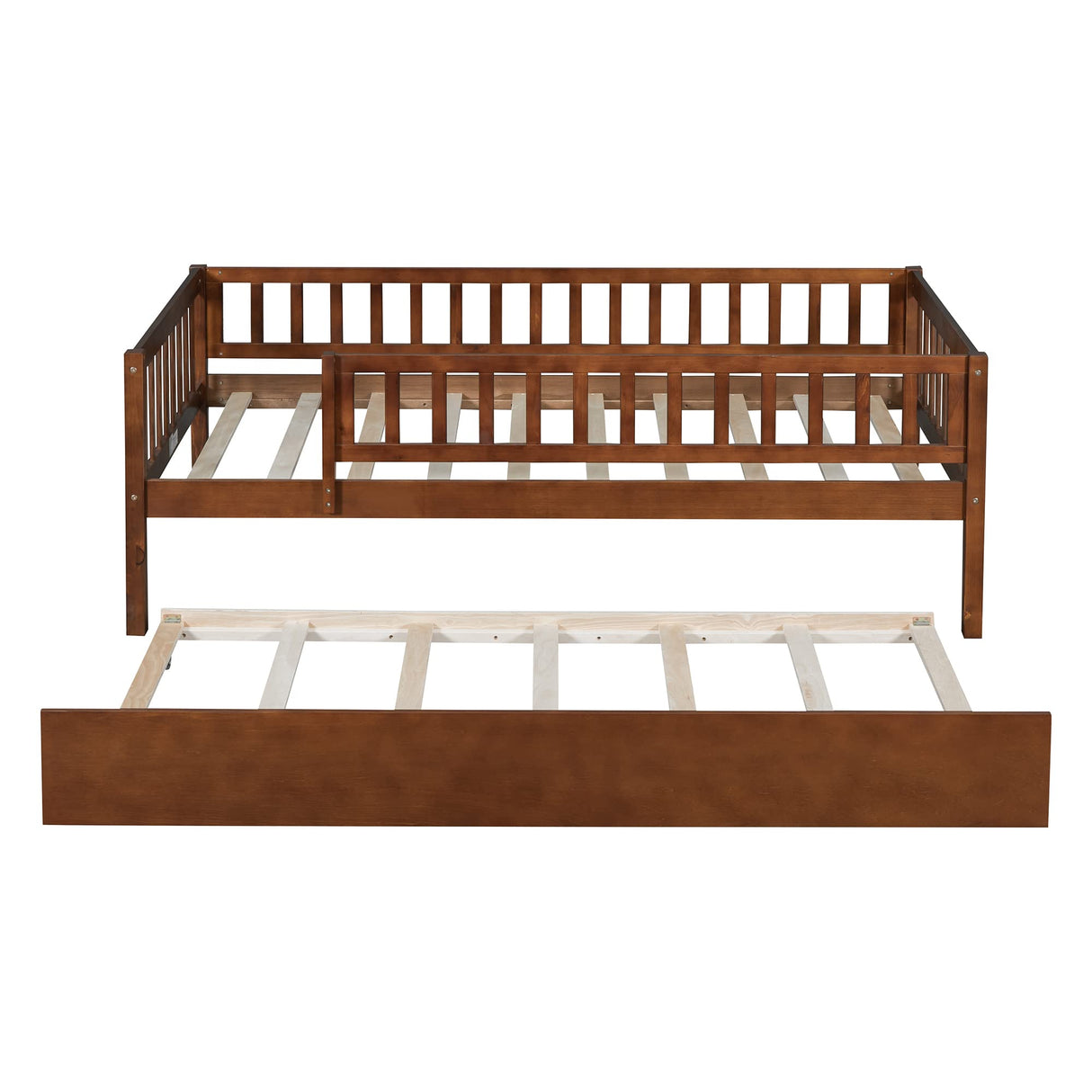 Twin Size Bed Frame with Trundle and Fence Guardrails, Wooden Montessori Style Kids Beds with Slats Support, Dual-use Daybed for Bedroom and Living Room, Walnut Bellemave