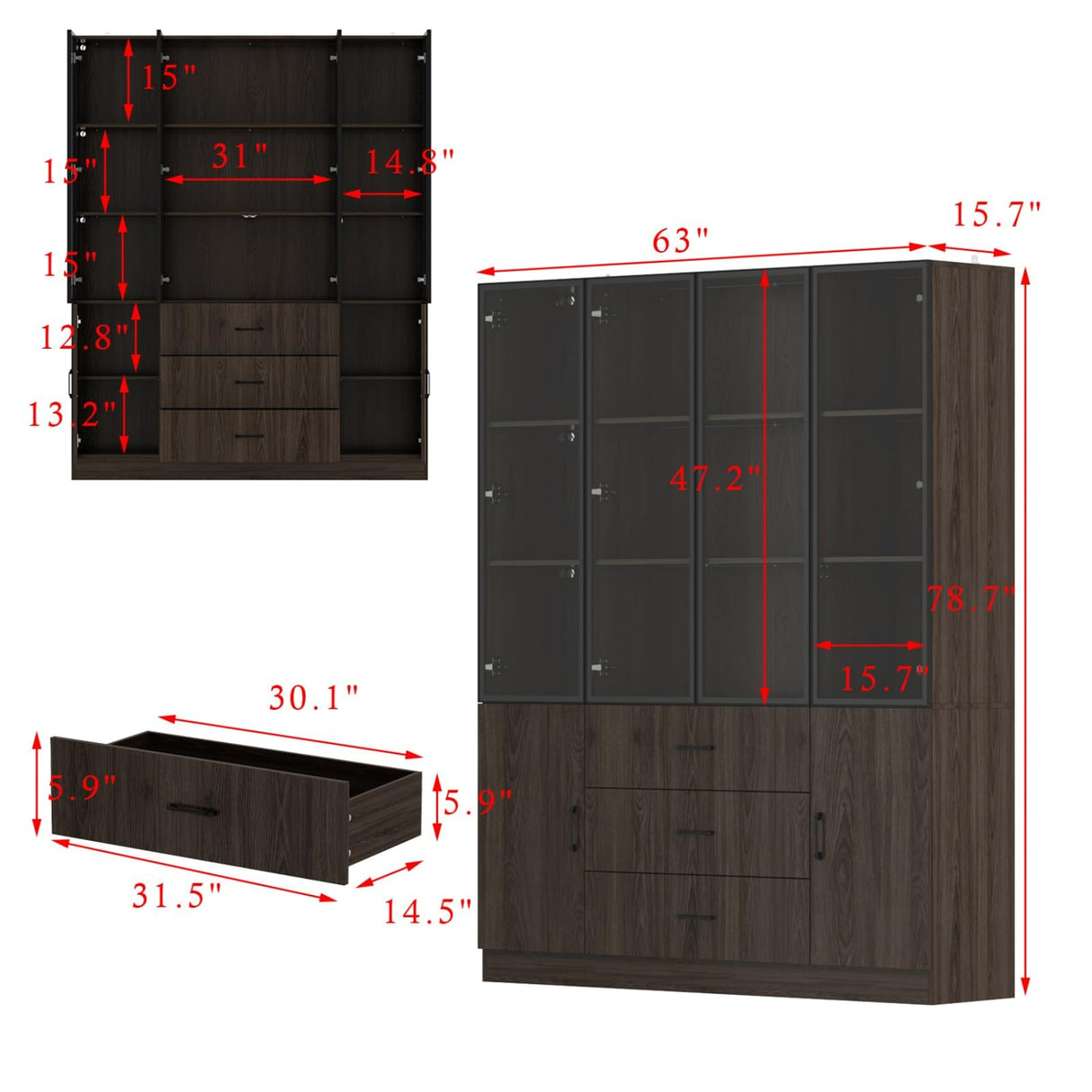 FAMAPY Display Cabinet with Glass Doors & Lights, Display Case with Adjusatble Shelves & 3 Drawers, for Curio Trophy Living Room Home Office, Brown, 15.7”D x 63”W x 78.7”H FAMAPY