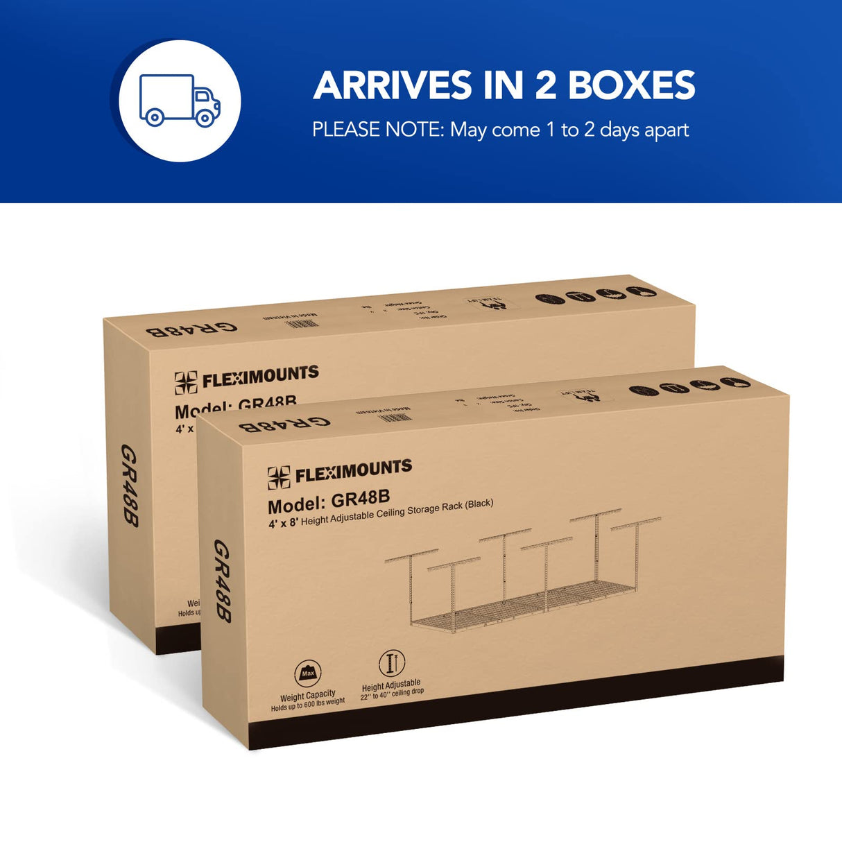 FLEXIMOUNTS 4x8 Overhead Garage Storage Rack, Adjustable Organization System, Heavy-Duty Metal Ceiling Racks, 2 pack, White FLEXIMOUNTS