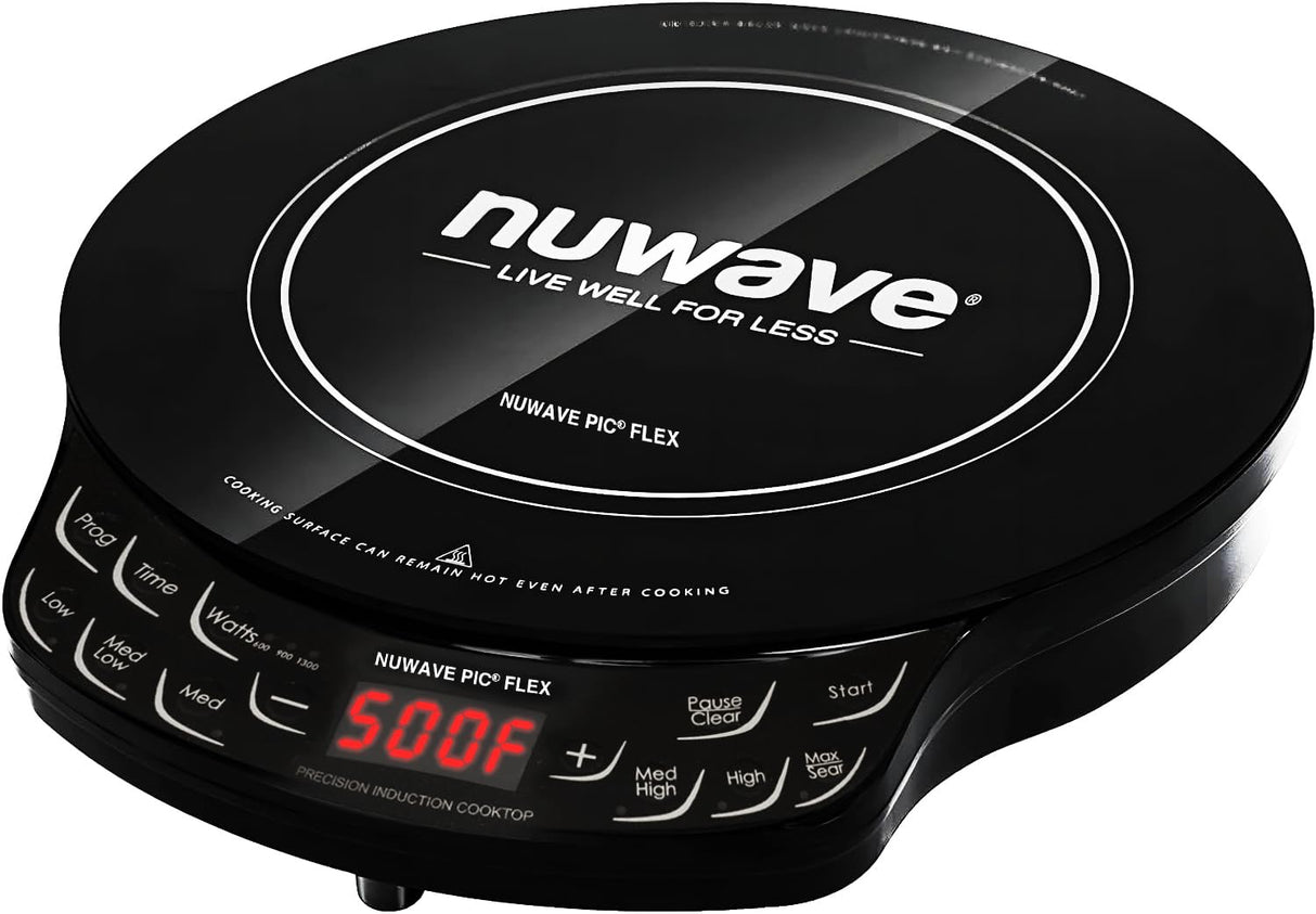 Nuwave Flex Precision Induction Cooktop, 10.25” Shatter-Proof Ceramic Glass, 6.5” Heating Coil, 45 Temps from 100°F to 500°F, 3 Wattage Settings 600, 900 & 1300 Watts, Black Nuwave