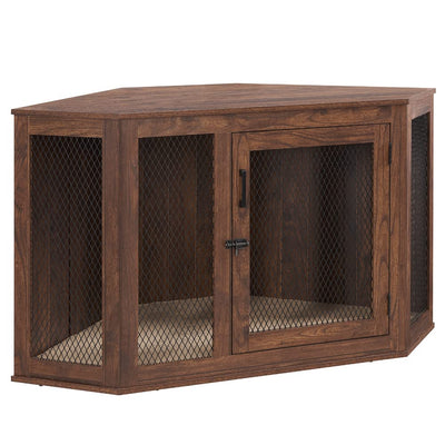 unipaws Furniture Style Corner Dog Crate for Medium Large Dogs, Indoor Aesthetic Puppy Kennel TV Stand, Modern Decorative Wood Pet House Dog Cage, Pretty Cute End Side Table Nightstand, Walnut