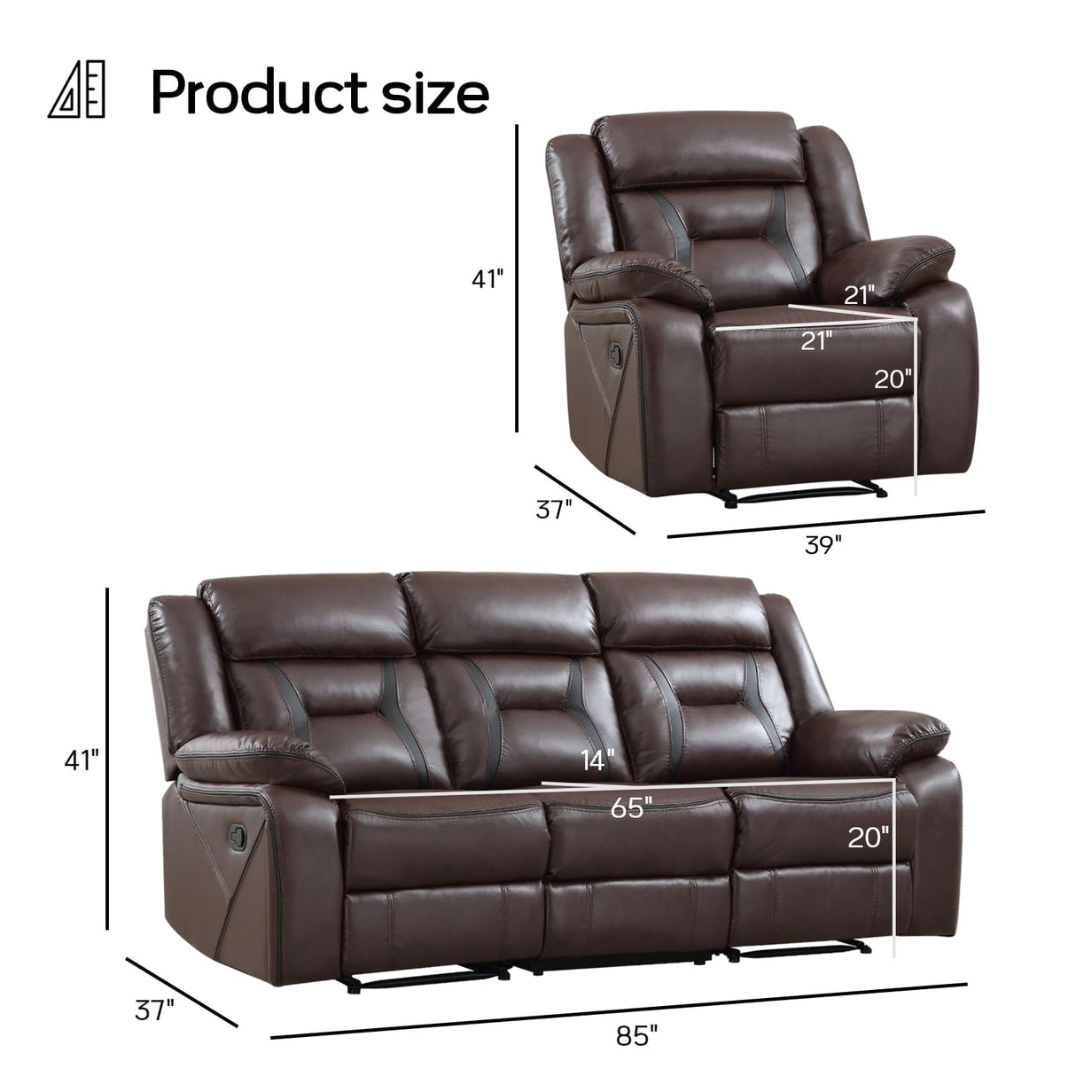 EBELLO Manual Recliner Sofa Set, Faux Leather Reclining Living Room Furniture Set, Included Recliner Chair and 3 Seat Manual Sofa, Dark Brown EBELLO
