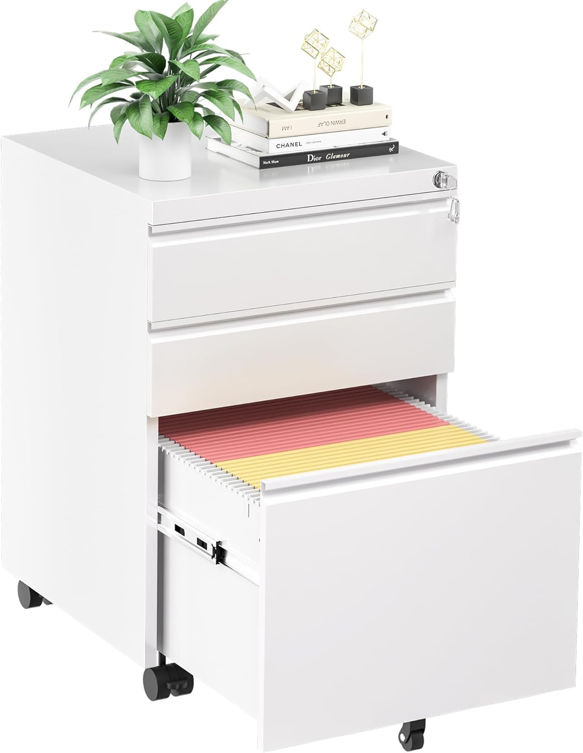 Brightpeak 3 Drawer Mobile File Cabinet, Metal Rolling Filing Cabinet with Lock for Home Office, Under Desk Small Cabinet with Wheels Fit Legal/Letter/A4 (White) Brightpeak