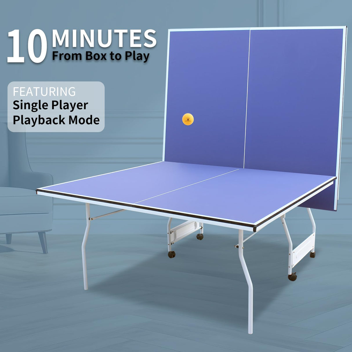 9Ft Mid-Size Table Tennis Table Foldable & Portable Professional MDF Ping Pong Table Set for Indoor Games Quick Clamp Ping Pong with Net, 2 Table Tennis Paddles and 3 Balls Blue Hipicute