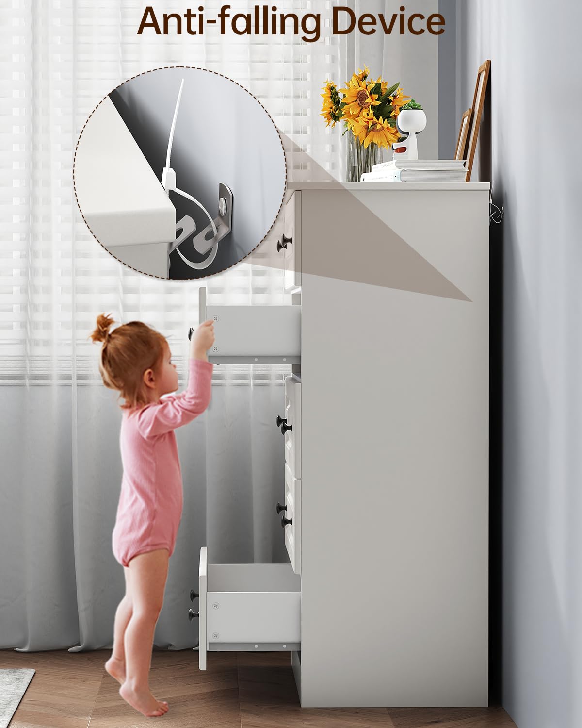 White 5-Drawer Tall Dresser with Wood Top, Modern Storage Tower for Bedroom, Closet, Living Room, Entryway, Hallway Seeday