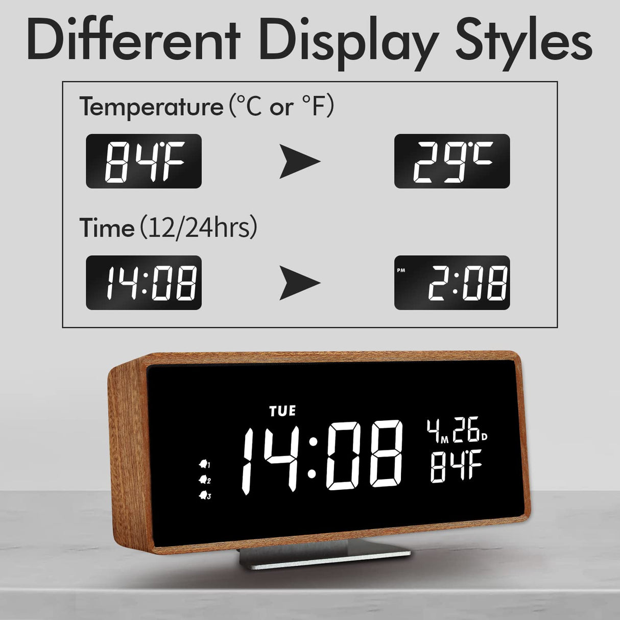 Wood Digital Alarm Clock Wooden Desk Clocks with USB Ports Travel Alarm Small Bedside Table Snooze Alarm Clock with Temperature Minimalistic Room Decor Large Display for Bedroom Farmhouse Bathroom SCOAGE