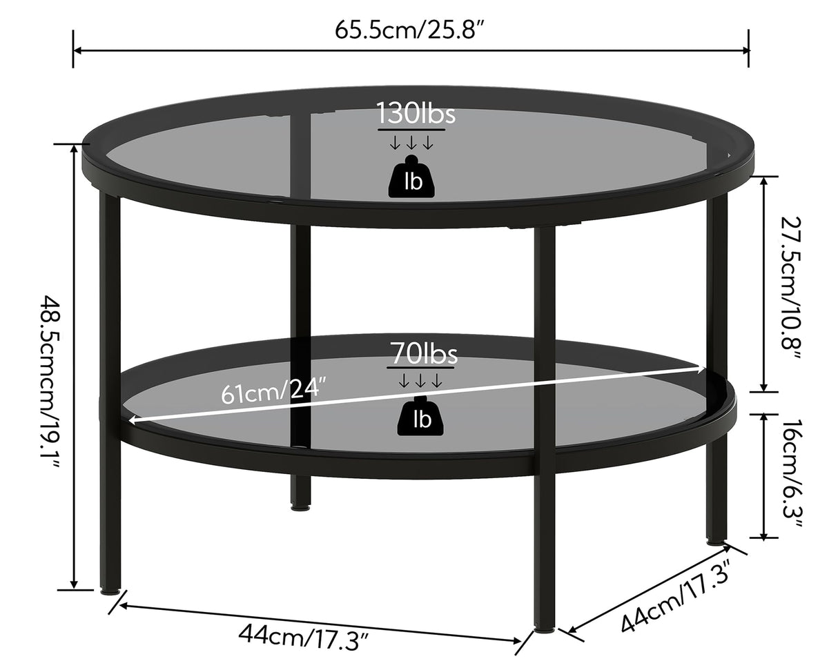 Yusong Round Glass Coffee Tables for Living Room, 2-Tier Circle Coffee Table with Storage, 26" Modern Center Accent Table with Light Black Glass, Small Side Table End Table for Small Space, Bedroom Yusong