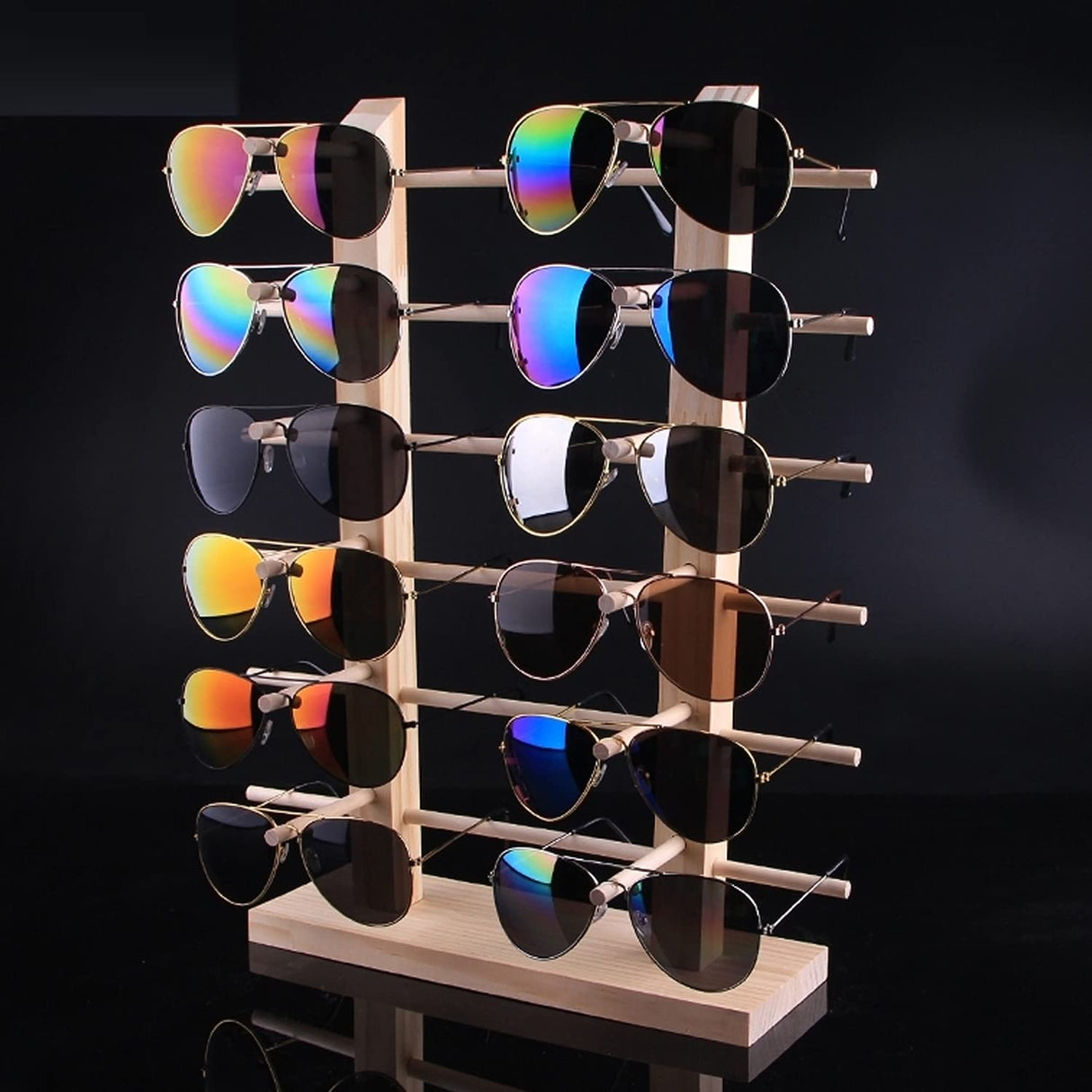Wooden Sunglass Rack, 12 Pair Wood Sunglass Display Stand Frame Glasses Holder Organizer for Home or Glasses Shop Display,16.81 x 13.58 x 5.62 inches (6 Tier) Odowalker