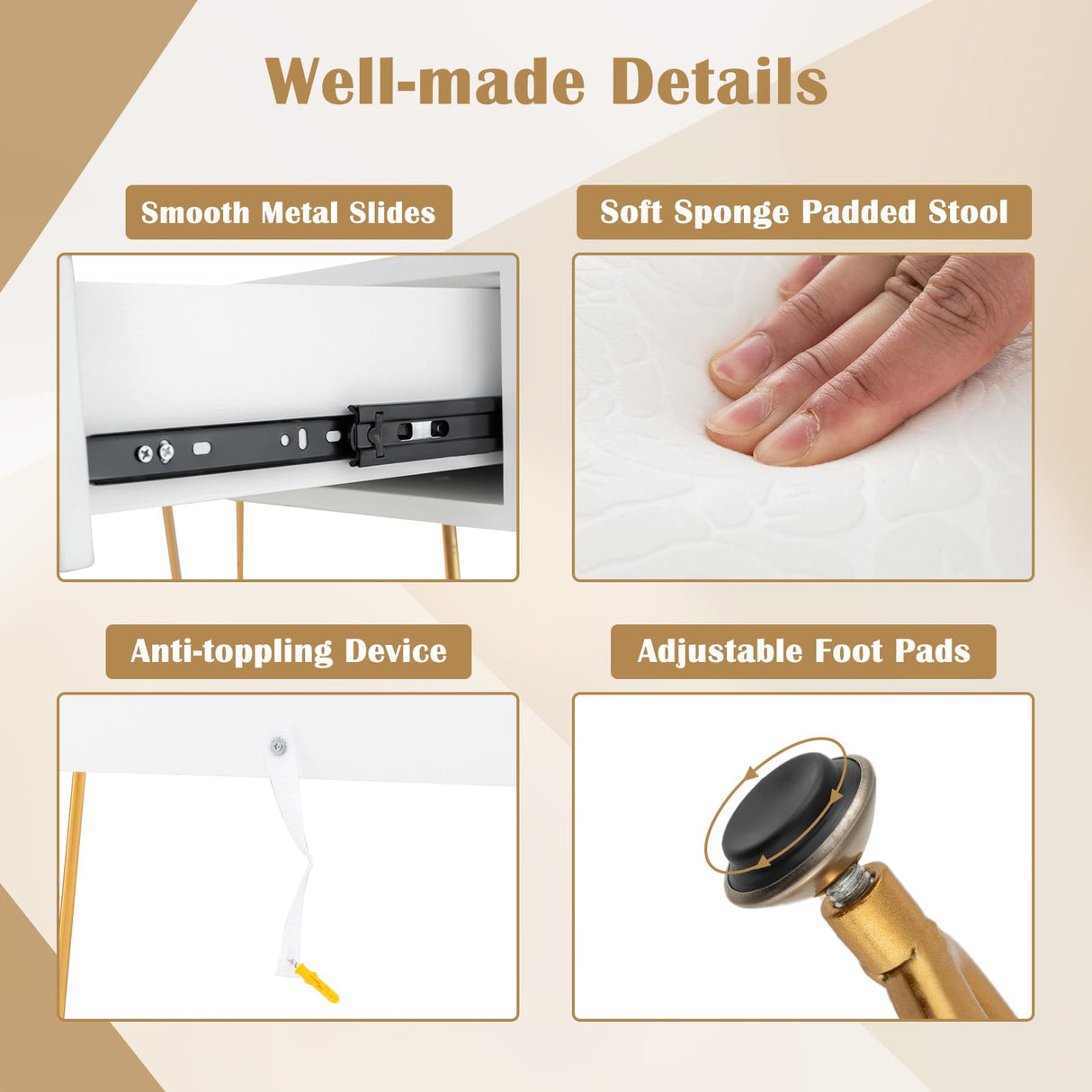 CHARMAID Makeup Vanity Table with Lighted Mirror, Vanity Desk with 2 Large Drawers, Adjustable 3 Lighting Modes, Modern Girls Bedroom Vanity Table with Chair for Small Spaces, White & Gold CHARMAID