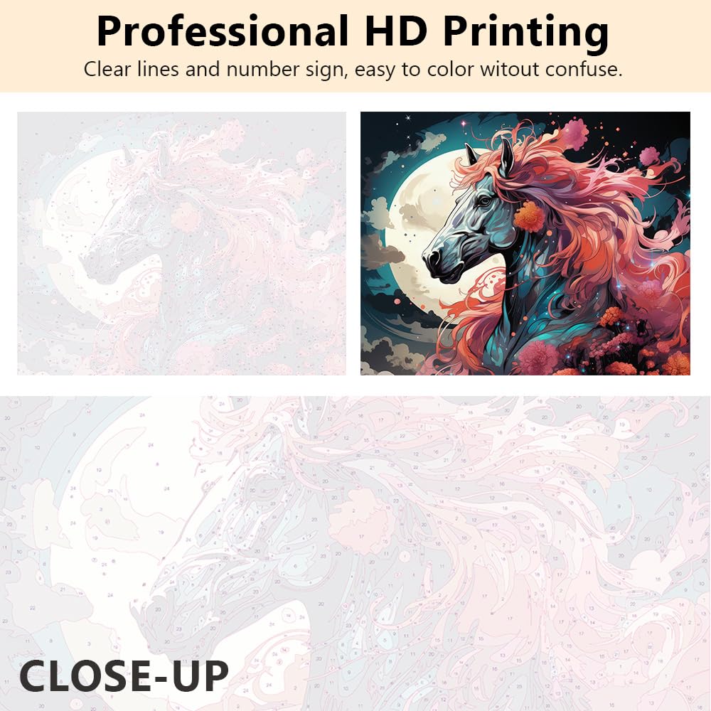 TUMOVO Paint by Numbers for Adults Moon, Flowers and White Horses Paint Number Kits Night Sky Adult Paint by Number Animals Adult Paint by Number Kits DIY Oil Painting Kits, 16 x20 Inch TUMOVO