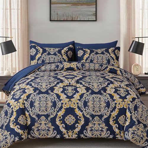 WONGS BEDDING Blue Gold Comforter Set King Size, Damask Texture 7 Pieces Bed in a Bag Microfiber Comforter Bedding Sets -1 Comforter, 1 Flat Sheet, 1 Fitted Sheet, 2 Pillow Shams, 2 Pillowcases WONGS BEDDING