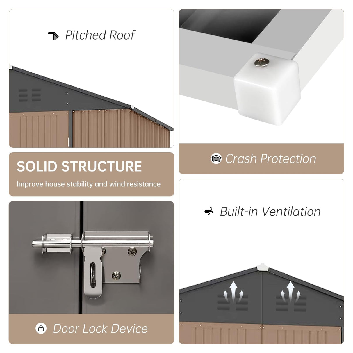 Outdoor Large Metal Shed, 8x8 FT Galvanized Steel Utility Storage Shed with Lockable Door & Vents, Waterproof All-Weather for Lawn Mower, Bike Mochalight