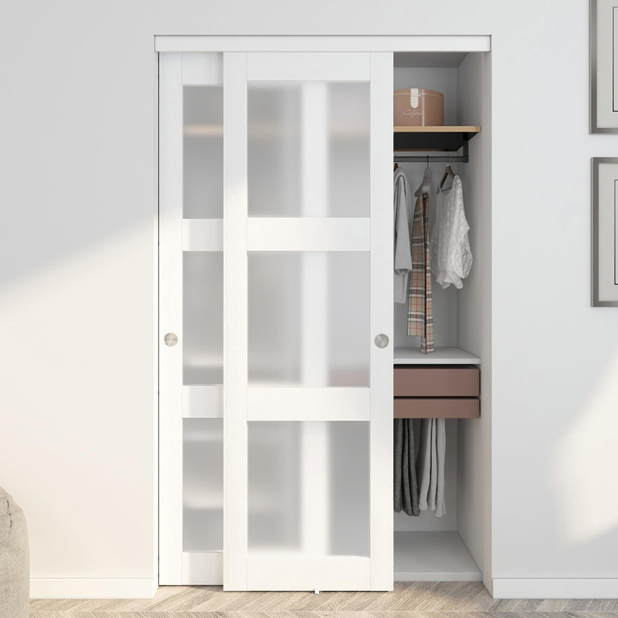 JUBEST Sliding Closet Door 48"(Double 24.5")x80", 3-Lite Frosted Glass Bypass Door with Hardware Kit & Matching Fascia, Pre-Drilled Solid Wood Slab with Water-Proof PVC Surface, Easy to Install, White JUBEST