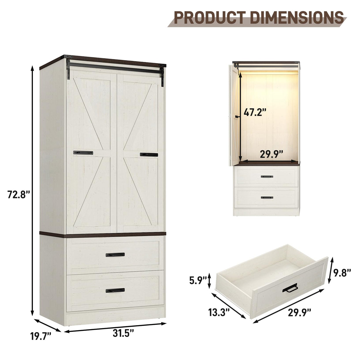 73" Tall Farmhouse 2 Doors Armoire Wardrobe Closet w/ Sliding Folding Door,2 Drawers,Closet Wardrobe Cabinet w/ LED Light,Hanging Rod for Bedroom,Wooden Wardrobe Armoire Cabinet,Rustic Brown chartustriable