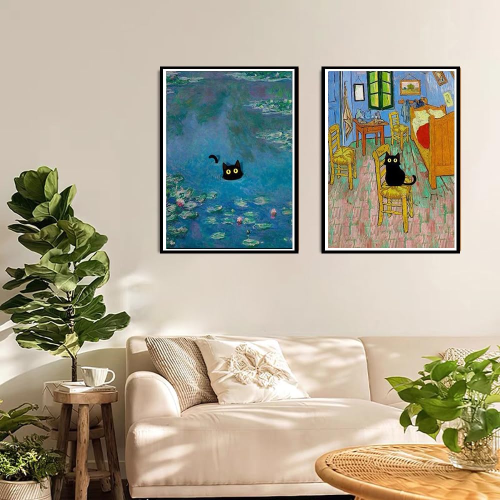 Diamond Painting for Adults and Beginners - 6pcs, 5D Round Diamond Digital Painting Kit, DIY Black Cat Diamond Art Painting, Matisse Van Gogh Living Room Bedroom Decoration (11.8x15.7 inches) GemZono
