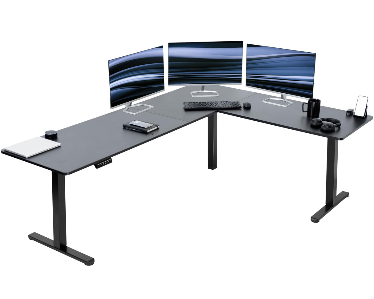 VIVO Electric Corner L-Shaped 84 x 63 in Standing Desk, Memory Height Adjustment, Black Top Black Frame, DESK-E3CTBB-84 VIVO