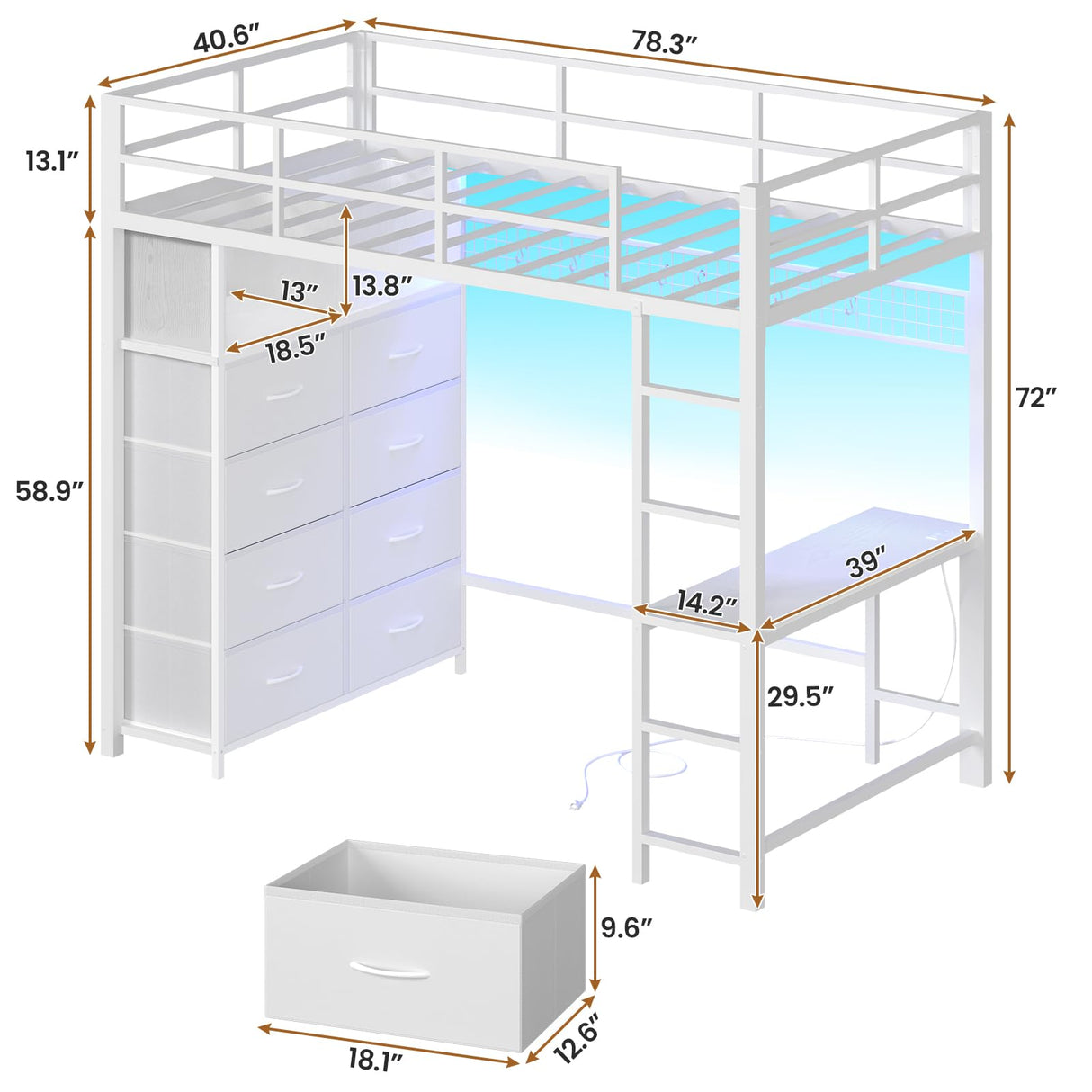 BTHFST Twin Loft Bed with Desk & 8 Storage Drawers Tall Dresser, White Metal Loft Bed with LED Lights & Charging Station, 2-Tier Storage Shelves, Stable & Sturdy, Noise Free, White BTHFST